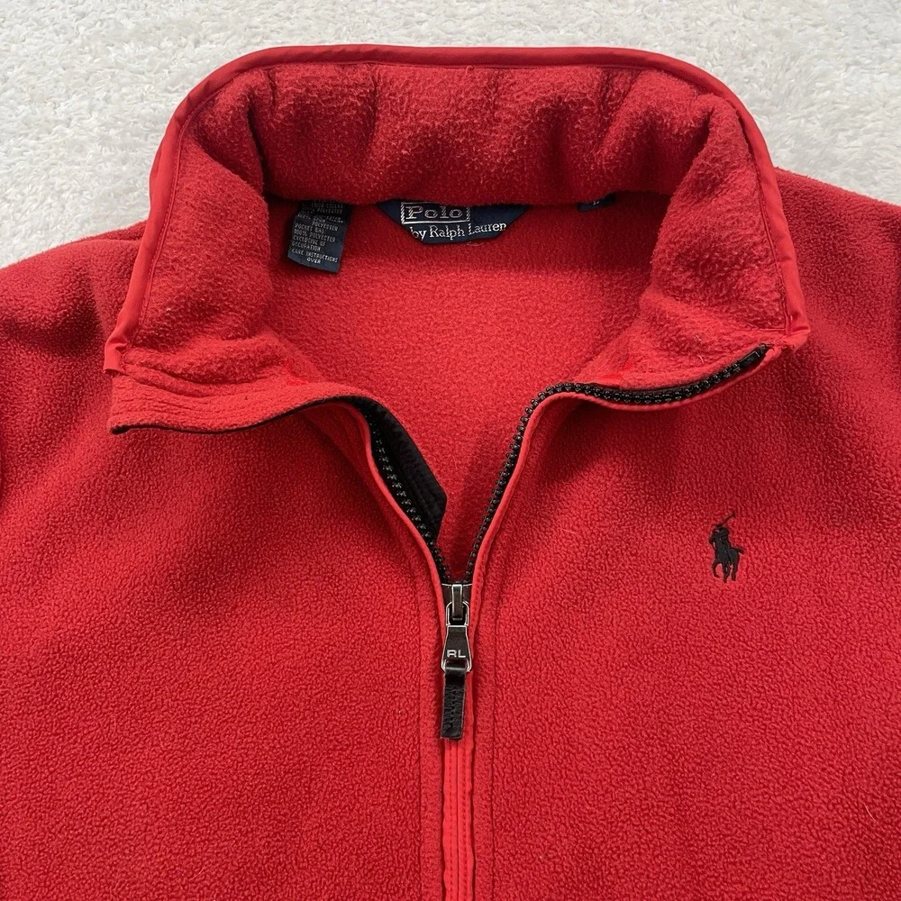 Vtg Polo Ralph Lauren Fleece Full Zip Jacket Mens Large Hood Collar Red‎ Striped